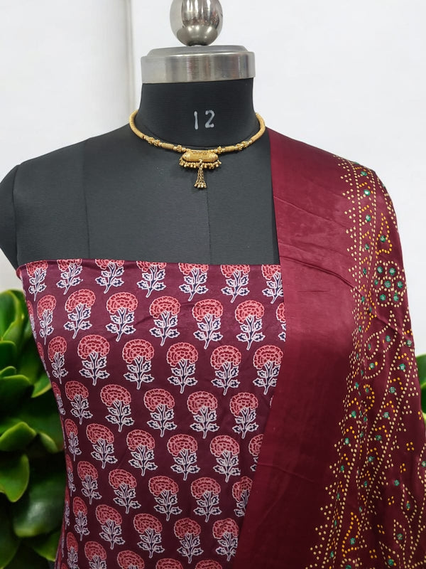 Luxurious Gaji Silk Natural Ajrakh 2 pc Salwar Suit with Khatali Work Dupatta - Leheriya