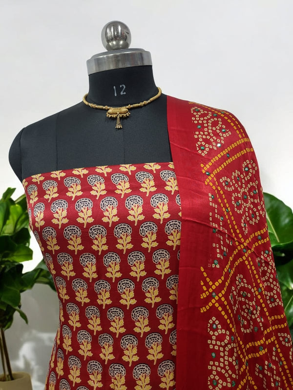 Luxurious Gaji Silk Natural Ajrakh 2 pc Salwar Suit with Khatali Work Dupatta - Leheriya