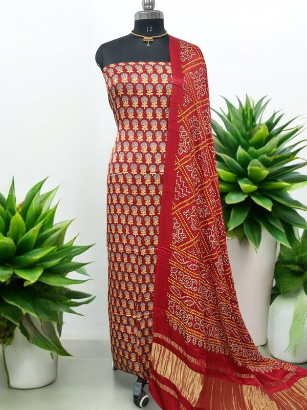 Luxurious Gaji Silk Natural Ajrakh 2 pc Salwar Suit with Khatali Work Dupatta - Leheriya