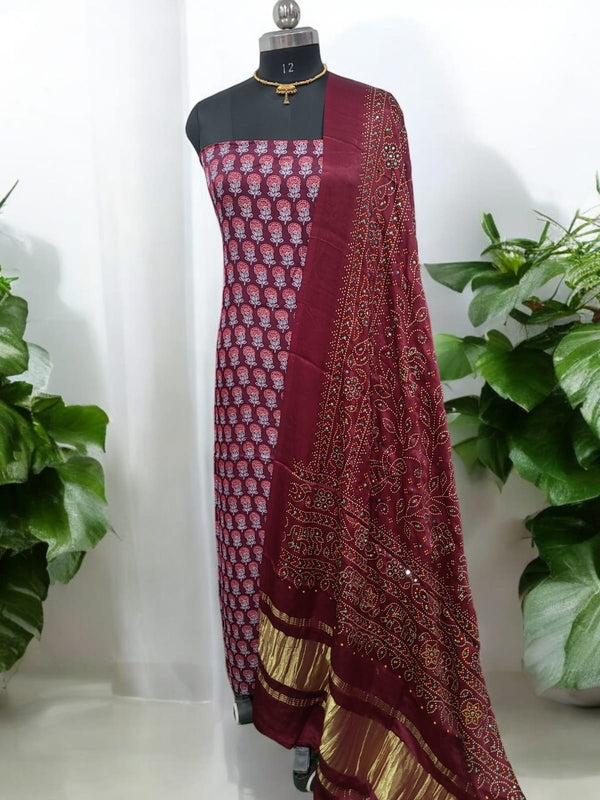 Luxurious Gaji Silk Natural Ajrakh 2 pc Salwar Suit with Khatali Work Dupatta - Leheriya