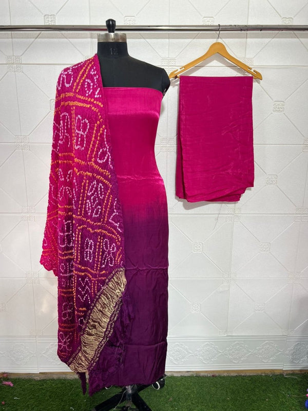 Luxurious Pure Modal Silk 3 pc Salwar Suit with Beautiful Hand Bandhej Dupatta - Leheriya
