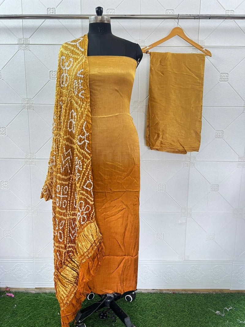 Luxurious Pure Modal Silk 3 pc Salwar Suit with Beautiful Hand Bandhej Dupatta - Leheriya