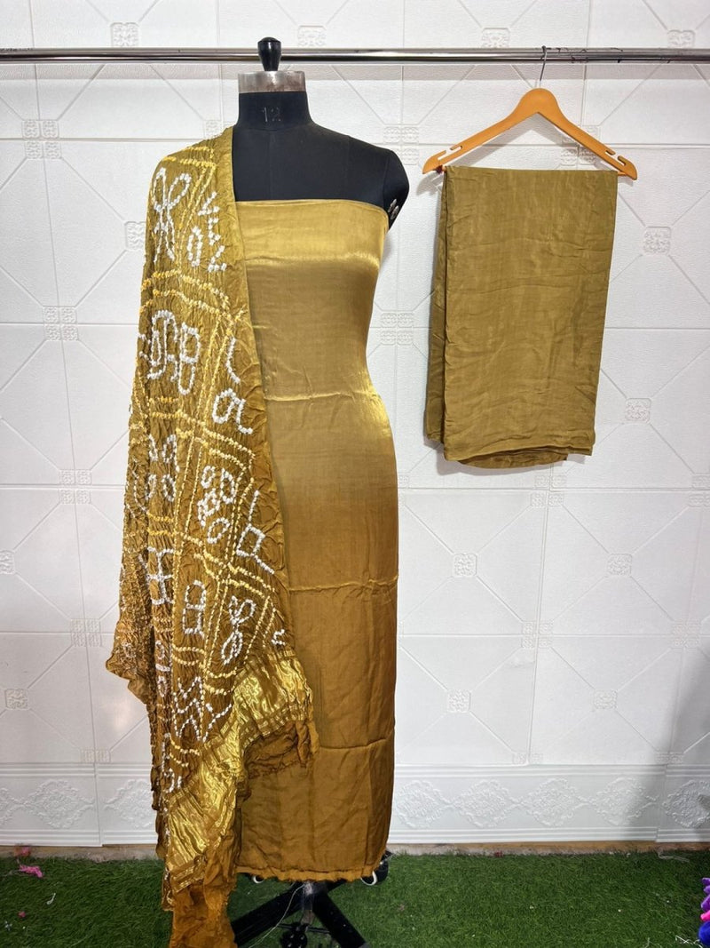Luxurious Pure Modal Silk 3 pc Salwar Suit with Beautiful Hand Bandhej Dupatta - Leheriya