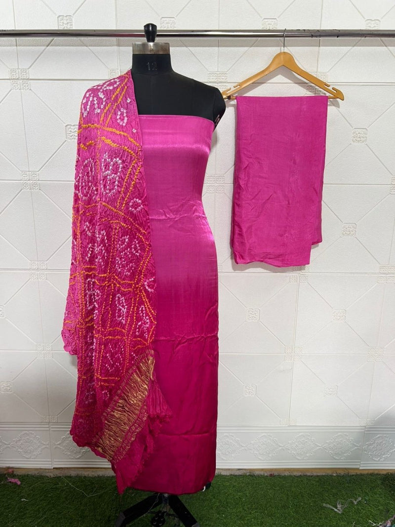 Luxurious Pure Modal Silk 3 pc Salwar Suit with Beautiful Hand Bandhej Dupatta - Leheriya