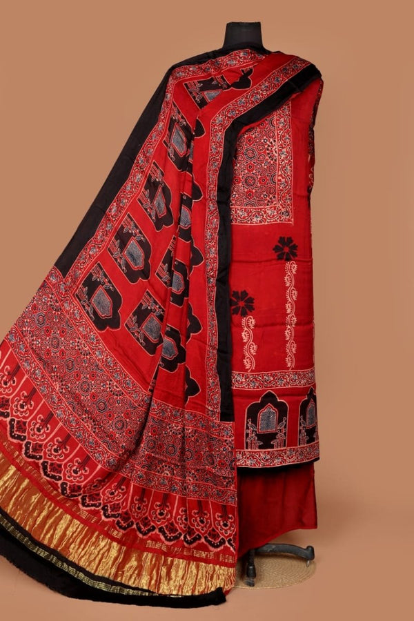 Luxurious Pure Modal Silk Natural Ajrakh 3 pc Salwar Suit - Leheriya