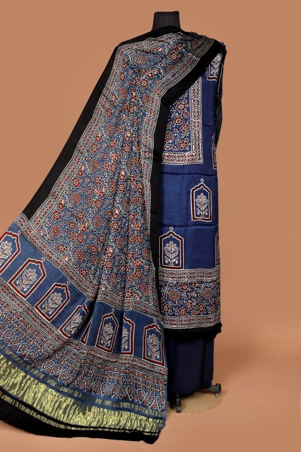 Luxurious Pure Modal Silk Natural Ajrakh 3 pc Salwar Suit - Leheriya