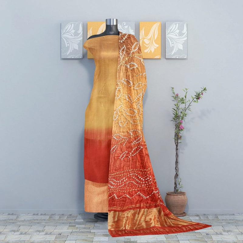 Luxurious Pure Modal Silk Shaded 3 pc Salwar Suit with Beautiful Hand Bandhej Dupatta - Leheriya