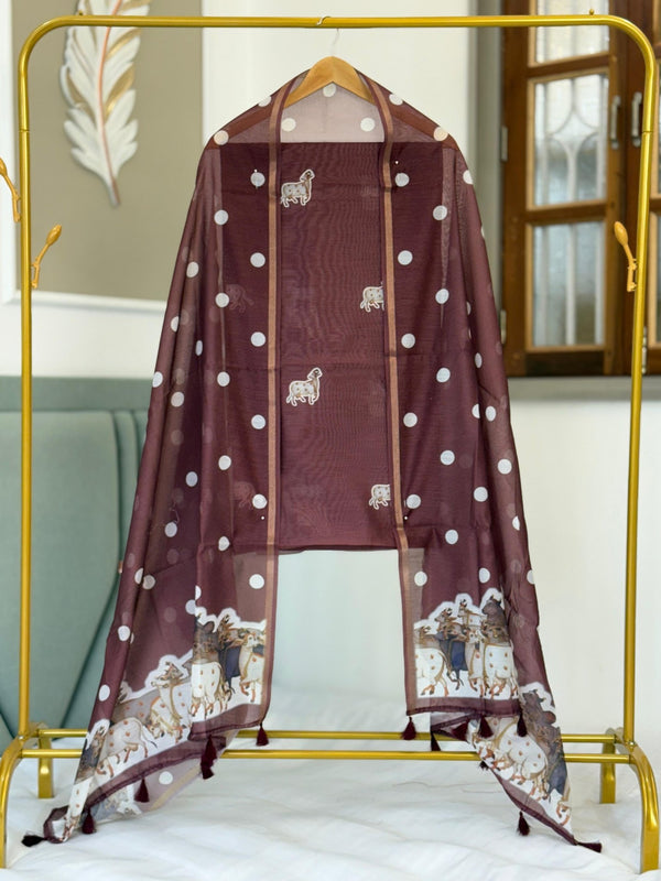 Mal Chanderi Digital Print 3 Pc Unstitched Salwar - Suit - Leheriya