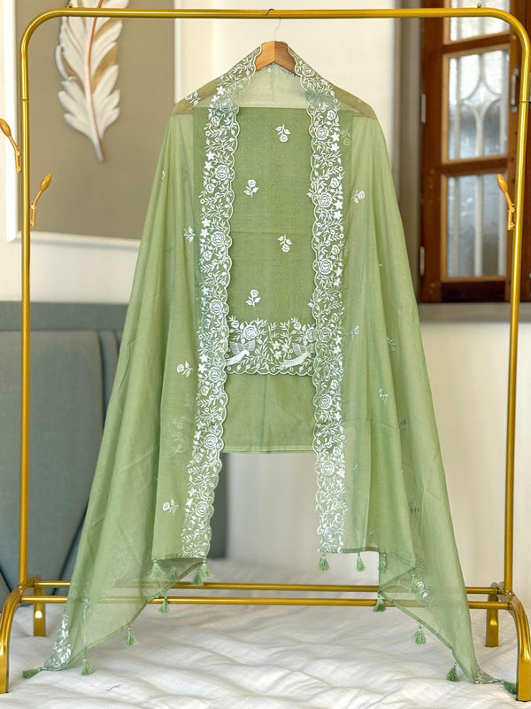 Mal Chanderi Premium Embroidery Jaal 3 Pc Unstitched Salwar Suit - Leheriya