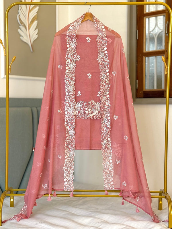 Mal Chanderi Premium Embroidery Jaal 3 Pc Unstitched Salwar Suit - Leheriya