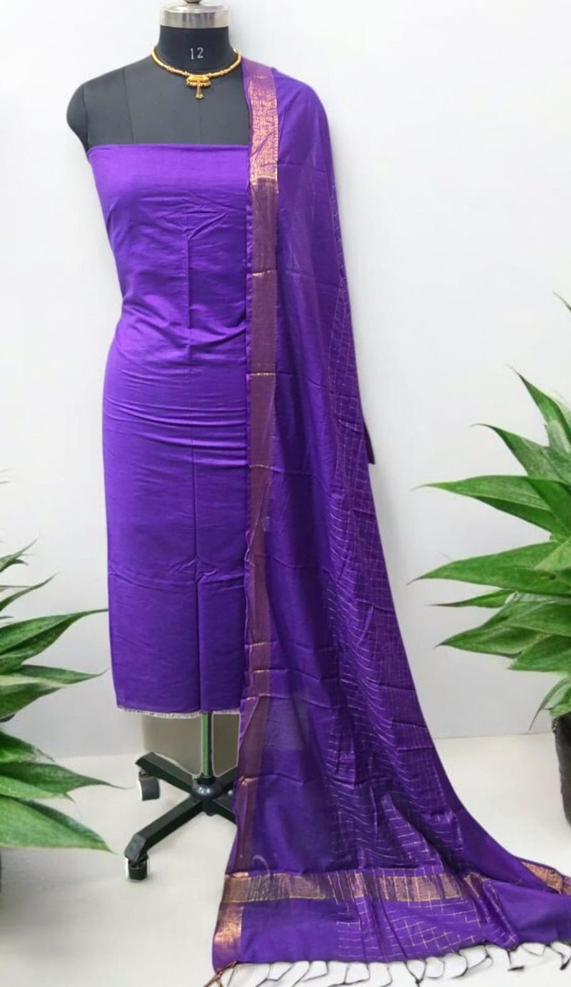 Mangalgiri Zari Border 2pc Unstitched Suit with Zari Stripes Mangalagiri Zari Border Dupatta Purple Color - Leheriya