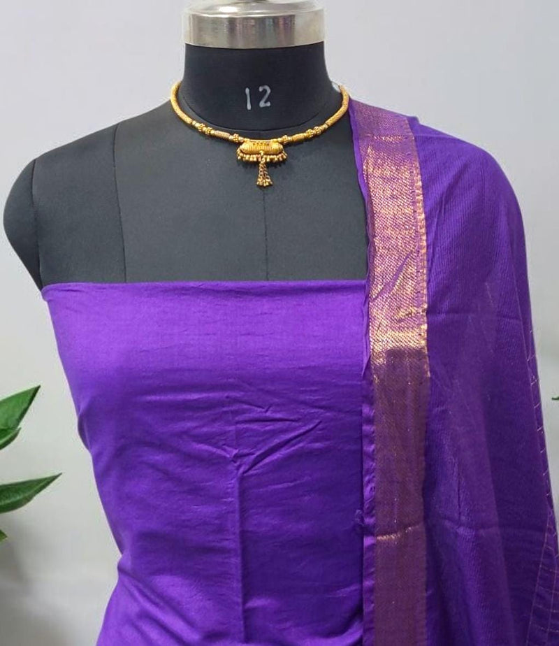 Mangalgiri Zari Border 2pc Unstitched Suit with Zari Stripes Mangalagiri Zari Border Dupatta Purple Color - Leheriya