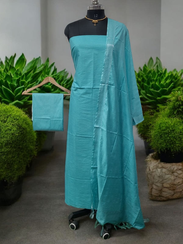Mangalgiri Zari Border 3pc Cotton Silk Salwar Suit - Leheriya