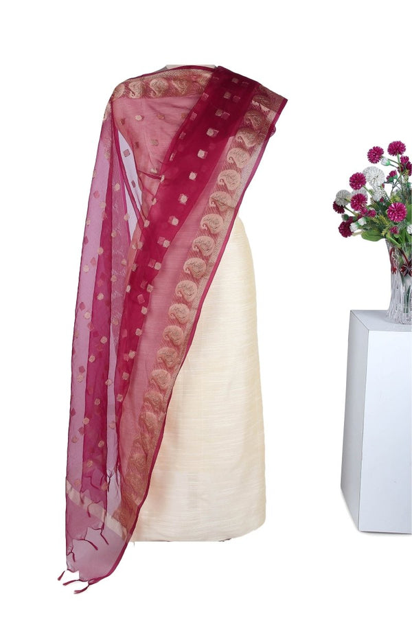 Maroon Color Kora Silk Dupatta with Golden Zari Work - Leheriya