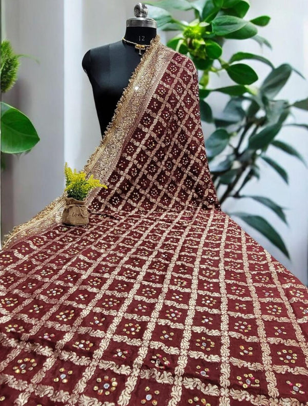 Maroon Color Leheriya Exclusive Bridal Bandhani Real Mirror Work Dupatta - Leheriya