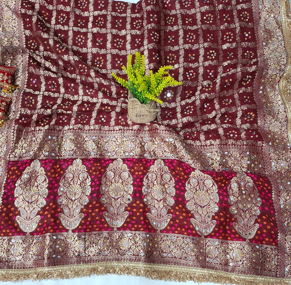 Maroon Color Leheriya Exclusive Bridal Bandhani Real Mirror Work Dupatta - Leheriya