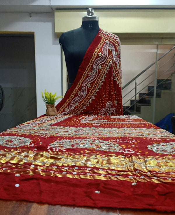 Maroon Leheriya Exclusive Pure Gaji Silk Rai Bandhej Heavy Gota Patti Work Bandhani Dupatta - Leheriya