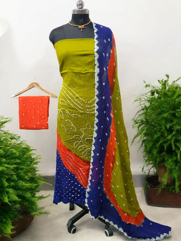 Mehandi Color Unstitched Salwar Suit with Fancy Color Bandhani Dupatta - Leheriya