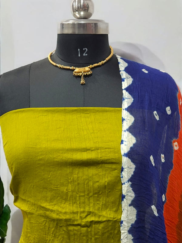 Mehandi Color Unstitched Salwar Suit with Fancy Color Bandhani Dupatta - Leheriya