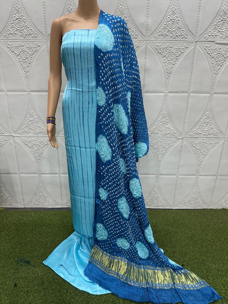 Modal Silk 3 pc Unstitched Salwar Suit - Bandhani Shibori Fusion - Leheriya