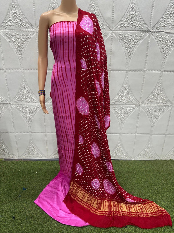 Modal Silk 3 pc Unstitched Salwar Suit - Bandhani Shibori Fusion - Leheriya