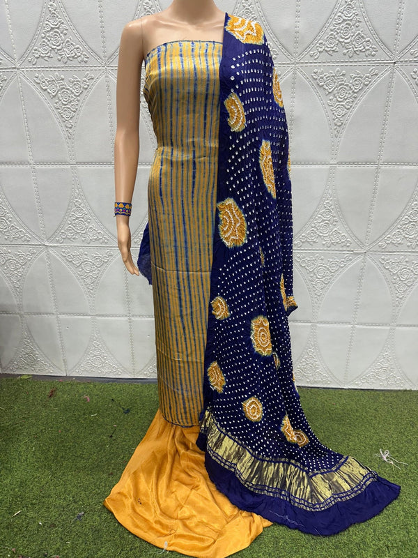 Modal Silk 3 pc Unstitched Salwar Suit - Bandhani Shibori Fusion - Leheriya