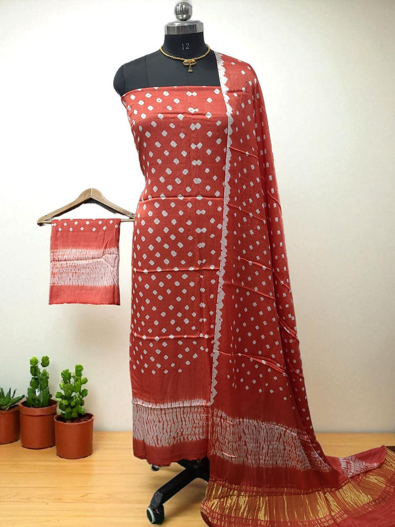 Modal Silk 3 pc Unstitched Salwar Suit - Bandhani Shibori Fusion - Leheriya