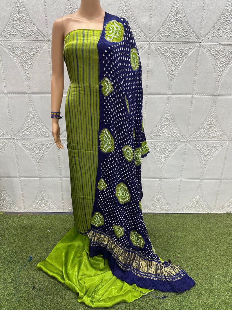Modal Silk 3 pc Unstitched Salwar Suit - Bandhani Shibori Fusion - Leheriya