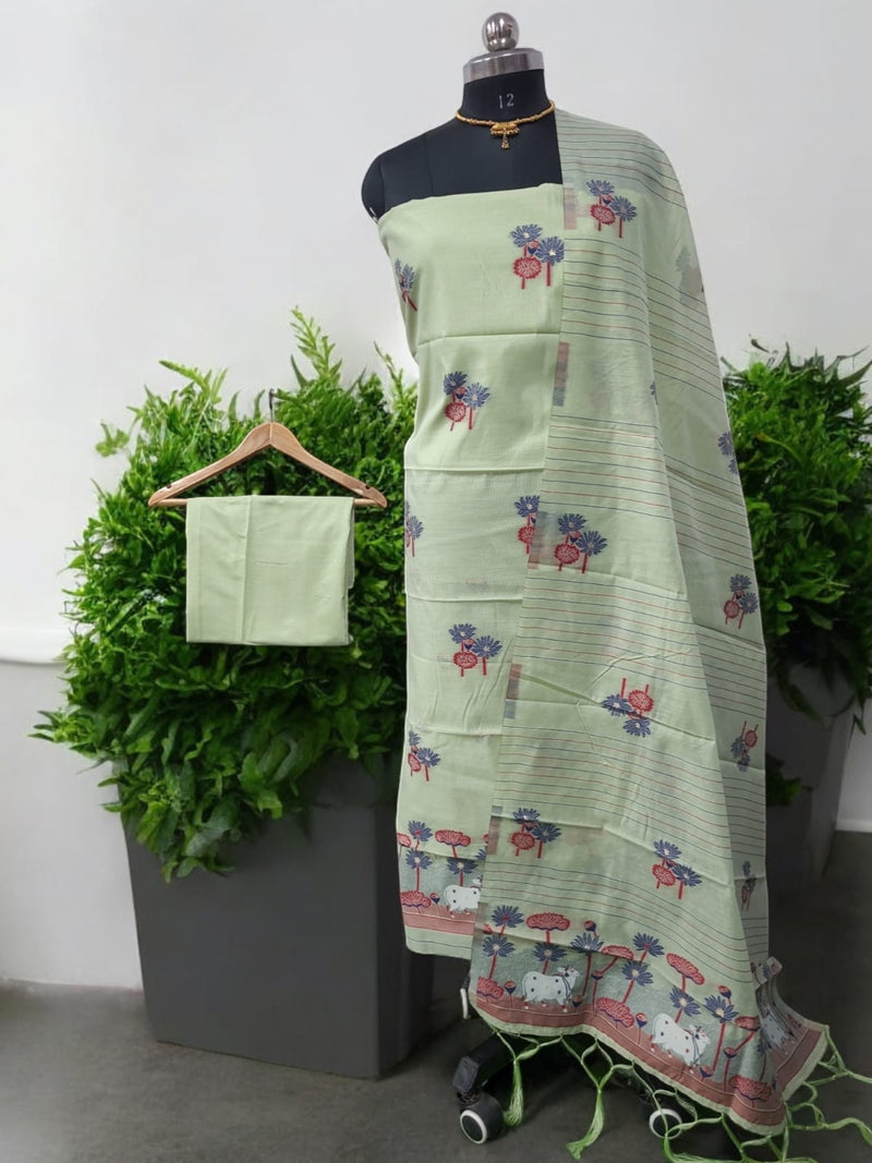 Muga Cotton 3 pc Jamdani Salwar Suit Dress Material with Pichwai Weaving on Top and Dupatta - Leheriya