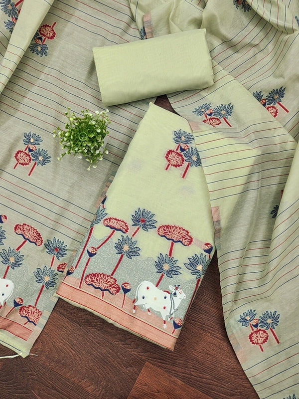 Muga Cotton 3 pc Jamdani Salwar Suit Dress Material with Pichwai Weaving on Top and Dupatta - Leheriya