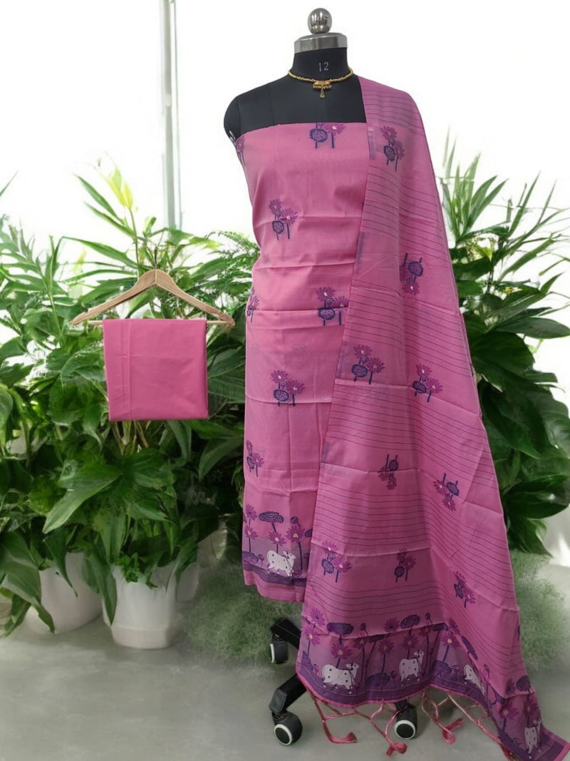 Muga Cotton 3 pc Jamdani Salwar Suit Dress Material with Pichwai Weaving on Top and Dupatta - Leheriya