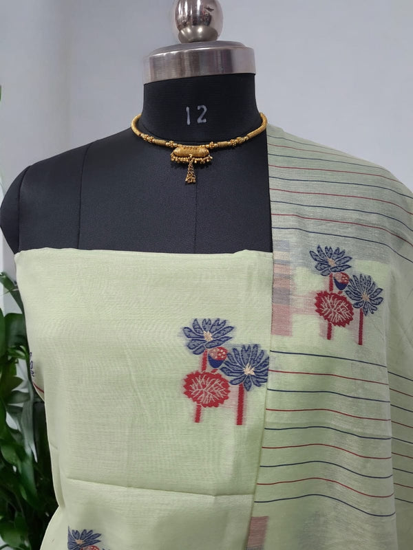 Muga Cotton 3 pc Jamdani Salwar Suit Dress Material with Pichwai Weaving on Top and Dupatta - Leheriya