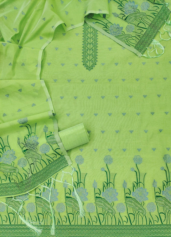 Muga Cotton 3pc Jamdani Salwar Suit with Pichwai Weaving Top & Dupatta - Leheriya