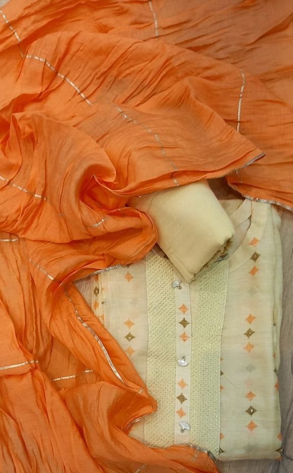 Muslin Semi Stitched Suit with Front Buttons Detailing - Leheriya