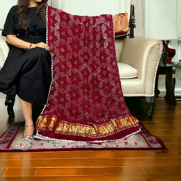 Modal silk Bandhani Dupatta with Gold Lagdi Palav