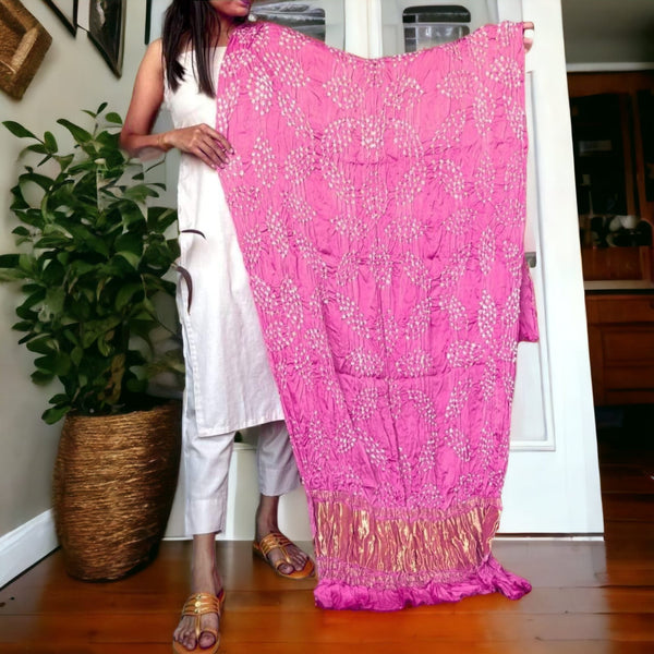 Modal Silk Hand Made Bandhani Dupatta with Silk Tissue Pallu | Soft Pink |