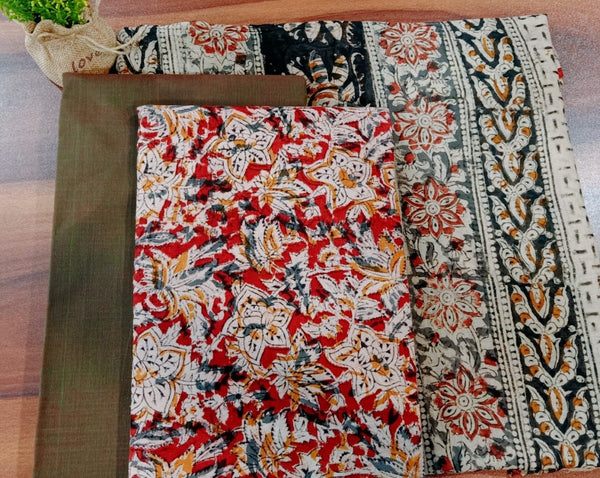 of Handmade Pure Cotton Kalamkari Salwar Suits with Plain South Cotton Dupatta - Leheriya