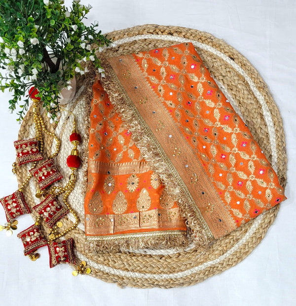Orange Color Leheriya Exclusive Bridal Bandhani Real Mirror Work Dupatta - Leheriya