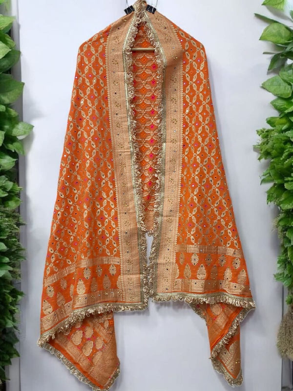 Orange Color Leheriya Exclusive Bridal Bandhani Real Mirror Work Dupatta - Leheriya