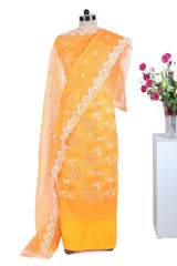 Orange Kota Doria Suit with Beautiful White Embroidery and Dupatta with Scalloped Border - Leheriya