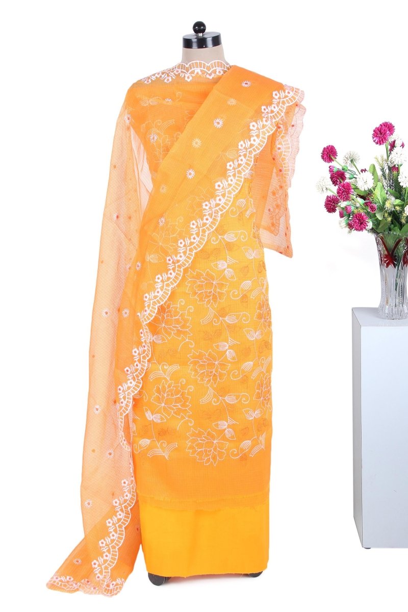 Orange Kota Doria Suit with Beautiful White Embroidery and Dupatta with Scalloped Border - Leheriya