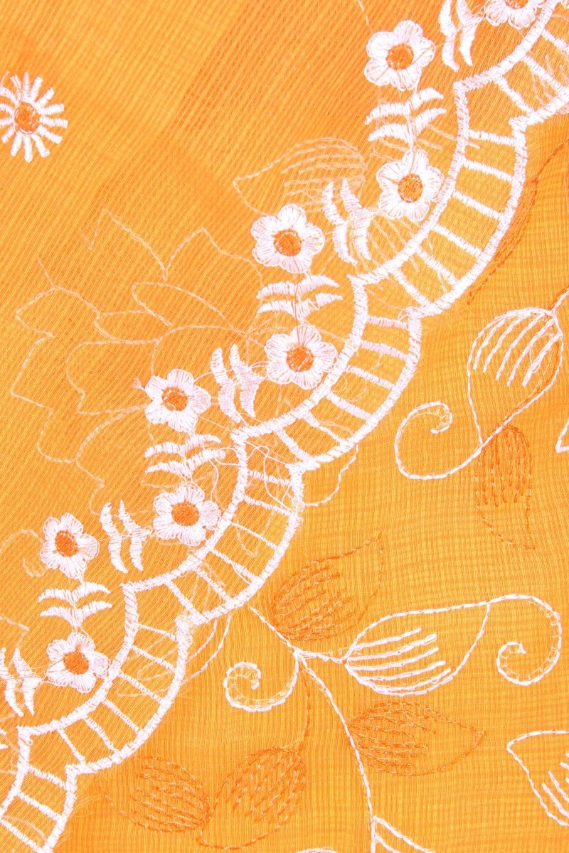 Orange Kota Doria Suit with Beautiful White Embroidery and Dupatta with Scalloped Border - Leheriya