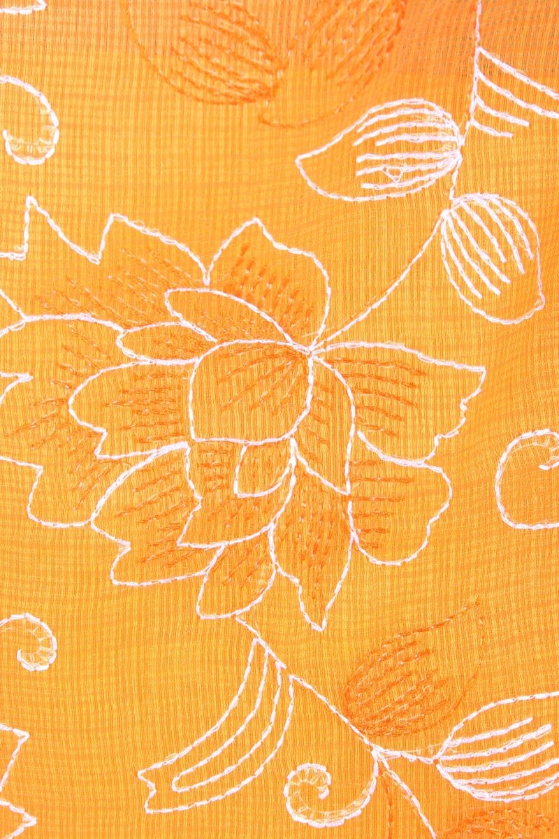 Orange Kota Doria Suit with Beautiful White Embroidery and Dupatta with Scalloped Border - Leheriya