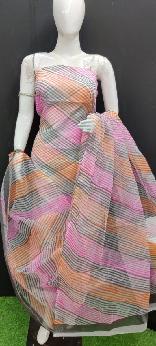 Orange & Pink Leheriya Printed Kota Doria Leheriya Salwar Suit - Leheriya
