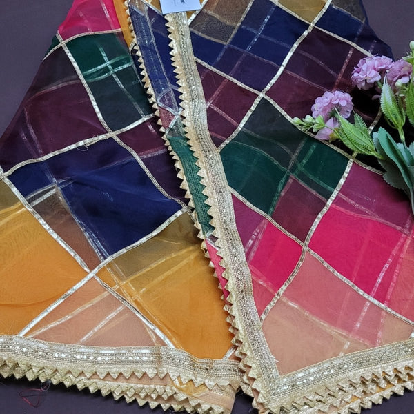 Organza Multicolored Dupatta with Gota Lace Work - Leheriya