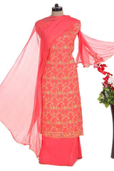 Partywear Orange Dola Silk Salwar Kameez with All Over Woven Meena Pattern - Leheriya