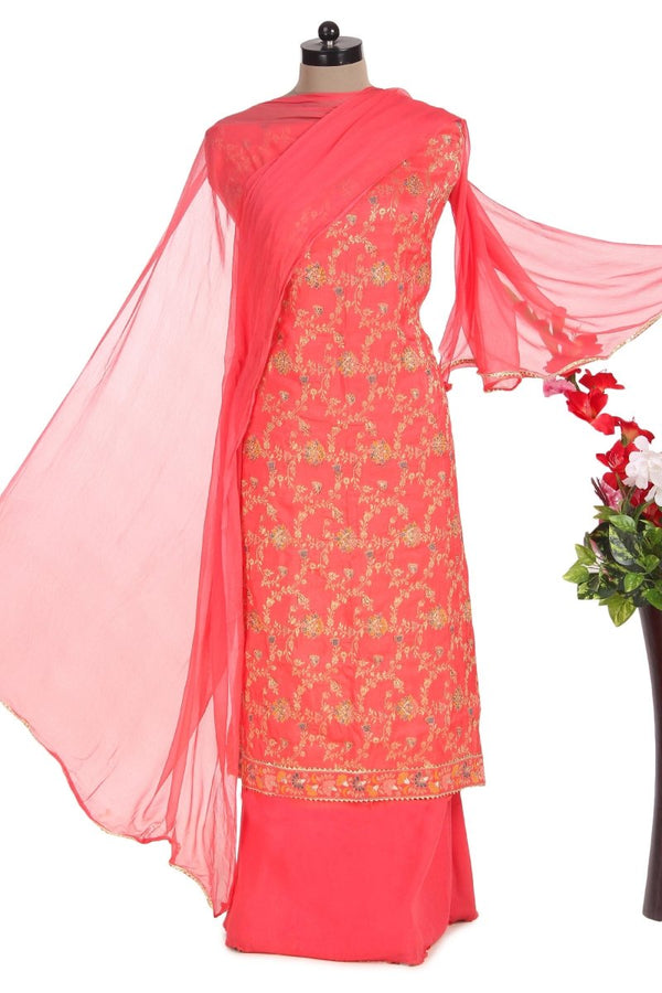 Partywear Orange Dola Silk Salwar Kameez with All Over Woven Meena Pattern - Leheriya