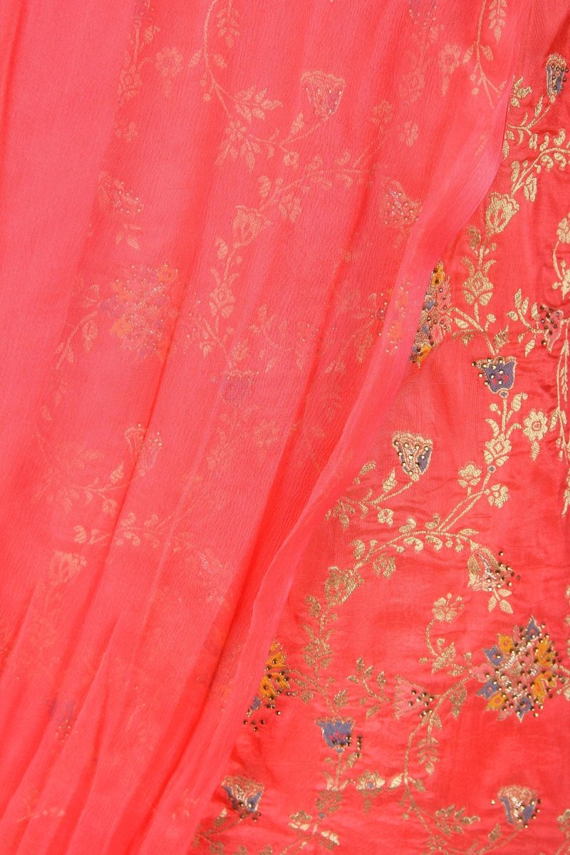 Partywear Orange Dola Silk Salwar Kameez with All Over Woven Meena Pattern - Leheriya