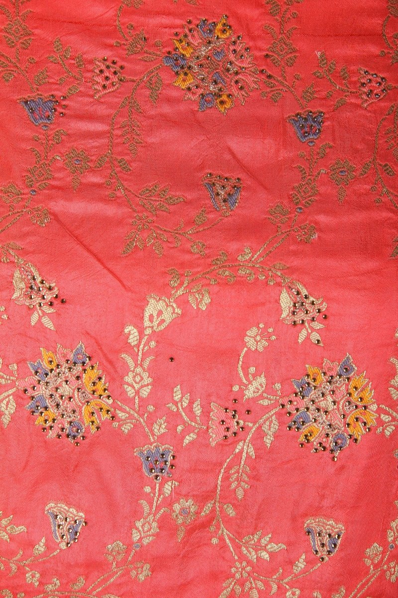 Partywear Orange Dola Silk Salwar Kameez with All Over Woven Meena Pattern - Leheriya