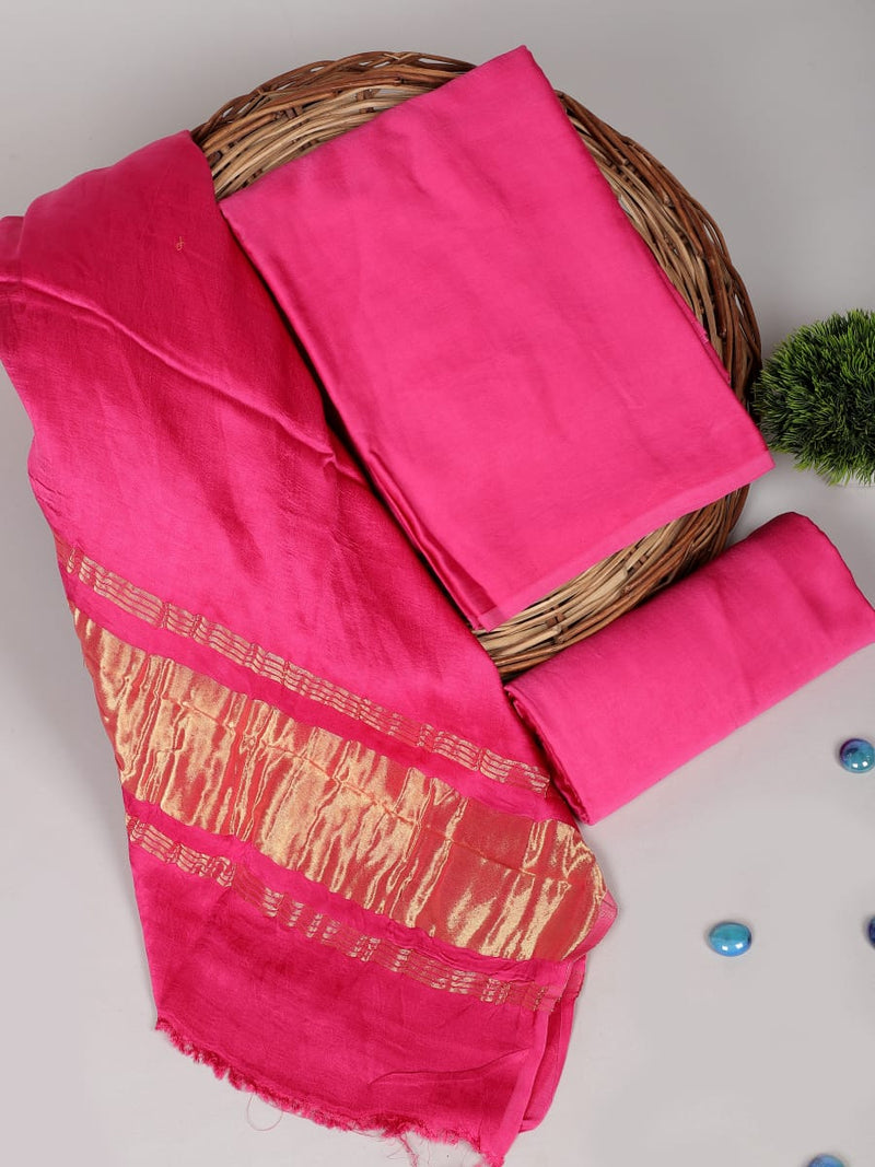 Pink Color 3pc Plain Modal Silk Salwar Suit Material Set with Lagdi Patta Dupatta - Leheriya